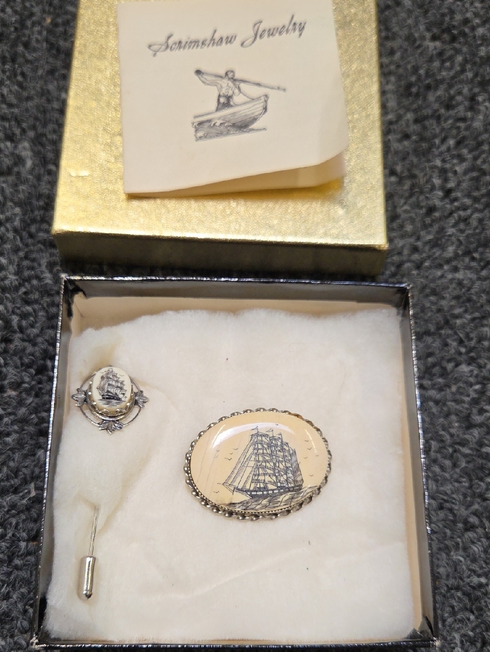 Cream and Silver Ship Brooch Set